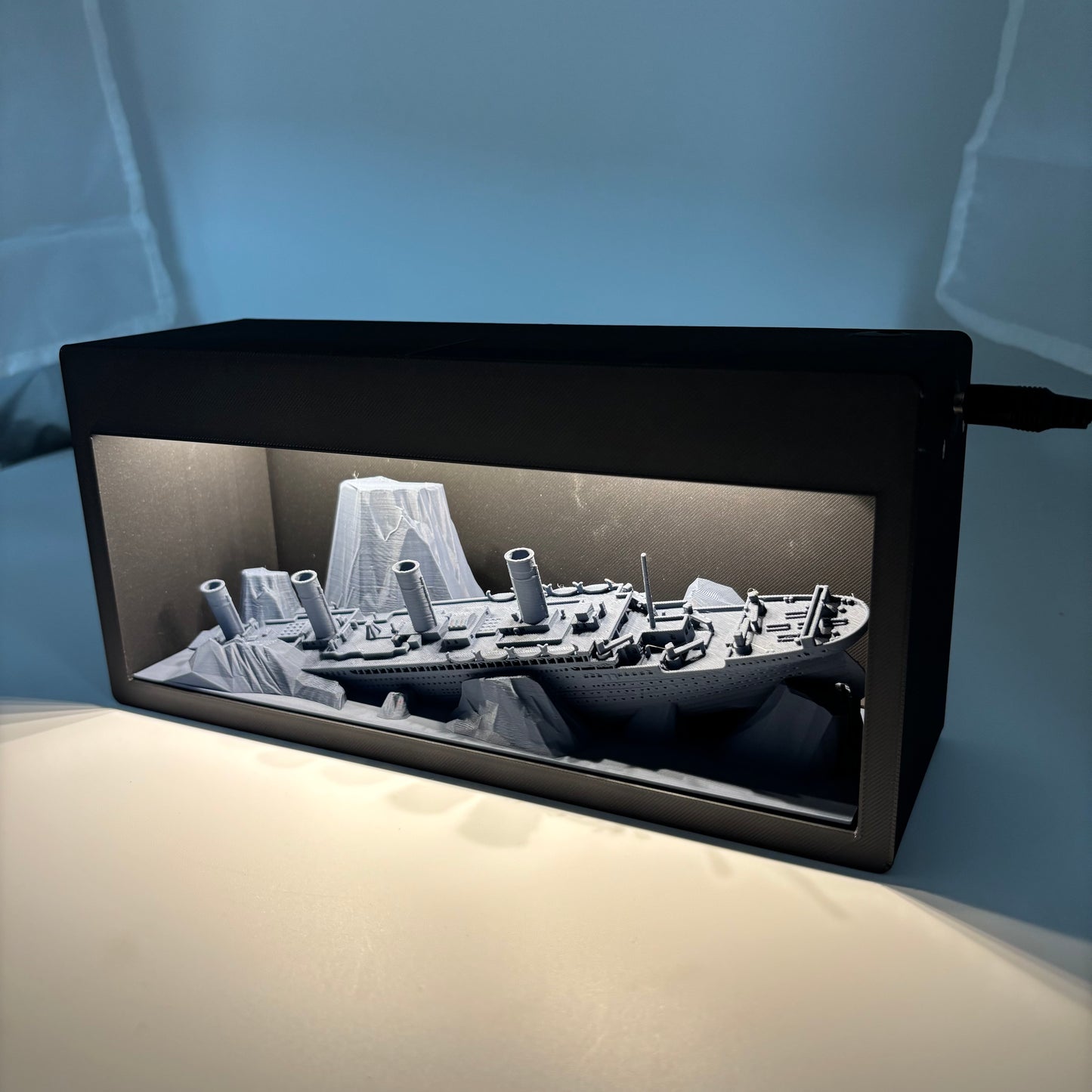 3D Printed SunkenTitanic Ship Theme LED Light Box Matt Black and Gray