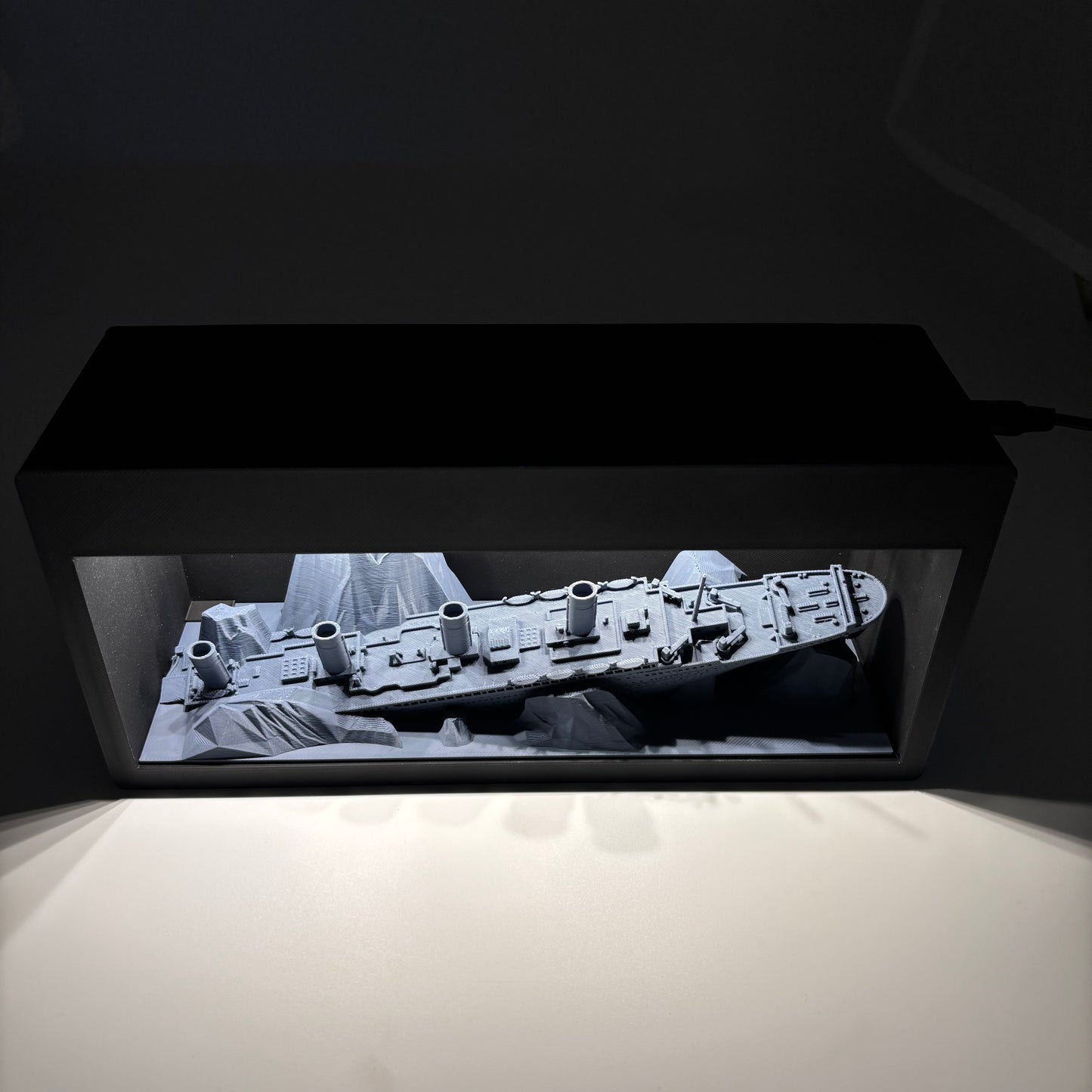 3D Printed SunkenTitanic Ship Theme LED Light Box Matt Black and Gray