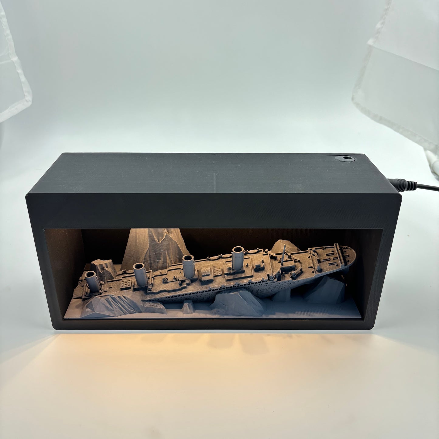 3D Printed SunkenTitanic Ship Theme LED Light Box Matt Black and Gray