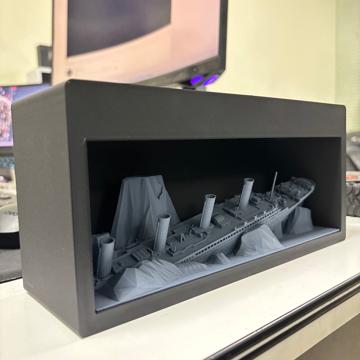 3D Printed SunkenTitanic Ship Theme LED Light Box Matt Black and Gray