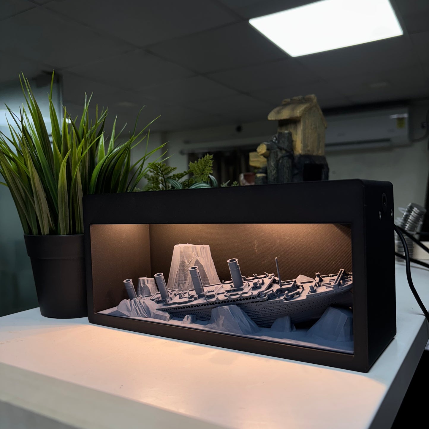 3D Printed SunkenTitanic Ship Theme LED Light Box Matt Black and Gray