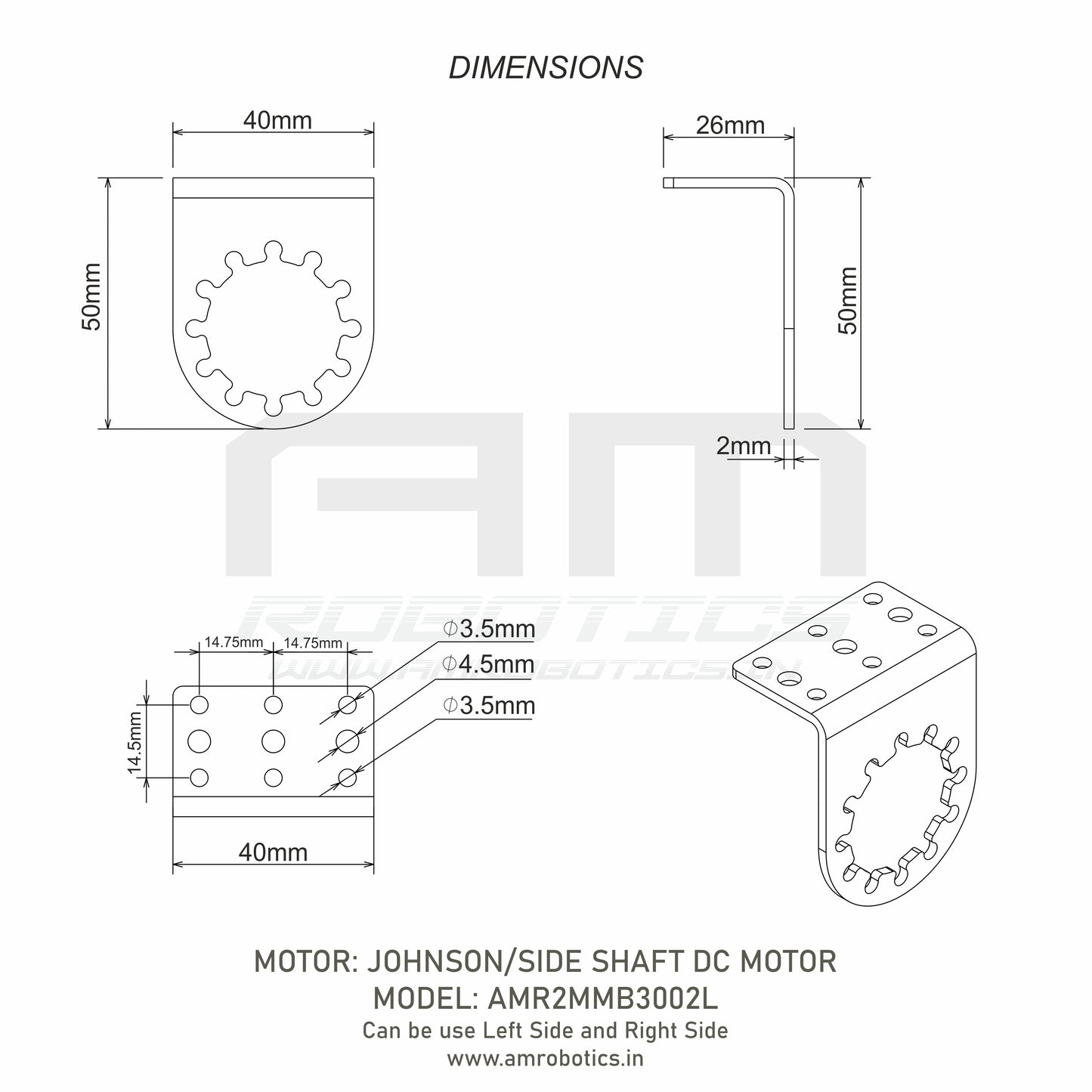 AM ROBOTICS Mounting bracket / Clamp for side shaft DC Motors Matt Black 2mm Thickness