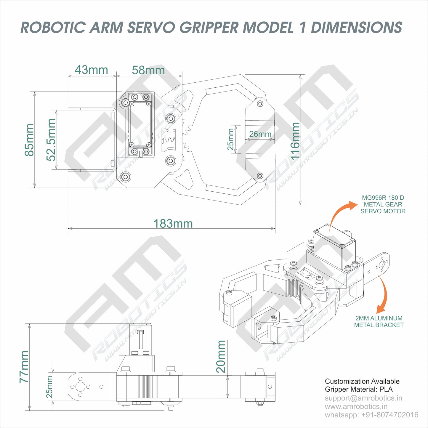 3D Printed Robotic Arm Gripper with MG996R Servo Motor Mount Model 1