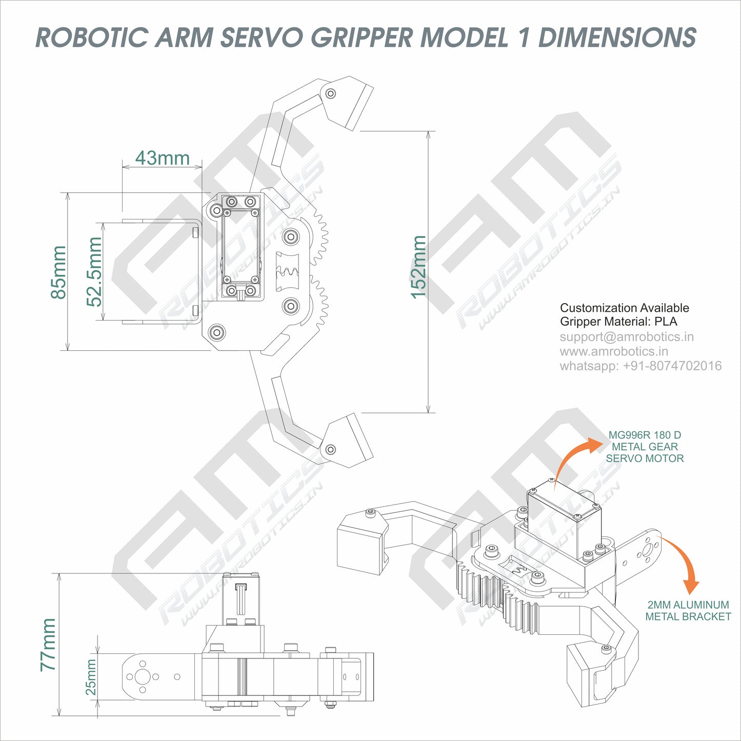 3D Printed Robotic Arm Gripper with MG996R Servo Motor Mount Model 1