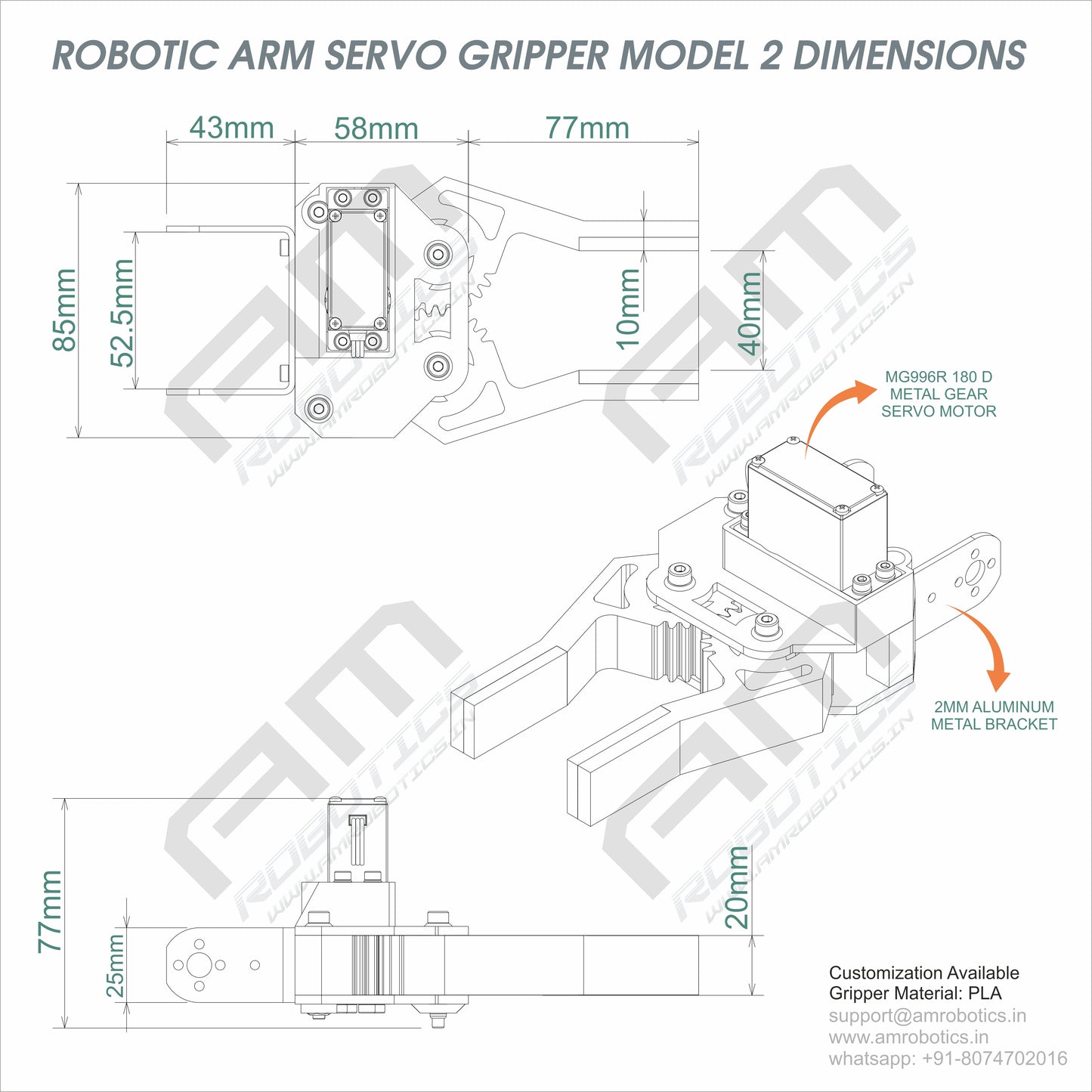 3D Printed Robotic Arm Gripper with MG996R Servo Motor Mount Model 2