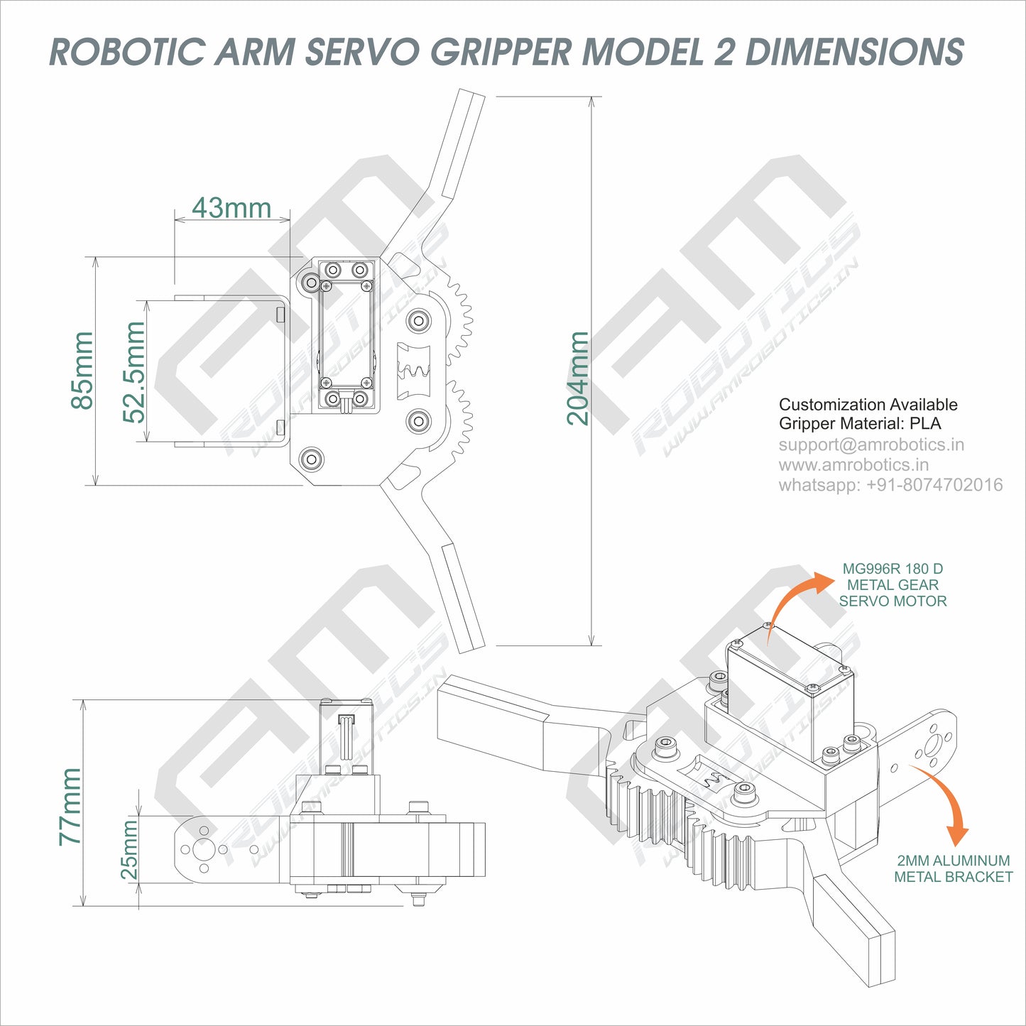 3D Printed Robotic Arm Gripper with MG996R Servo Motor Mount Model 2