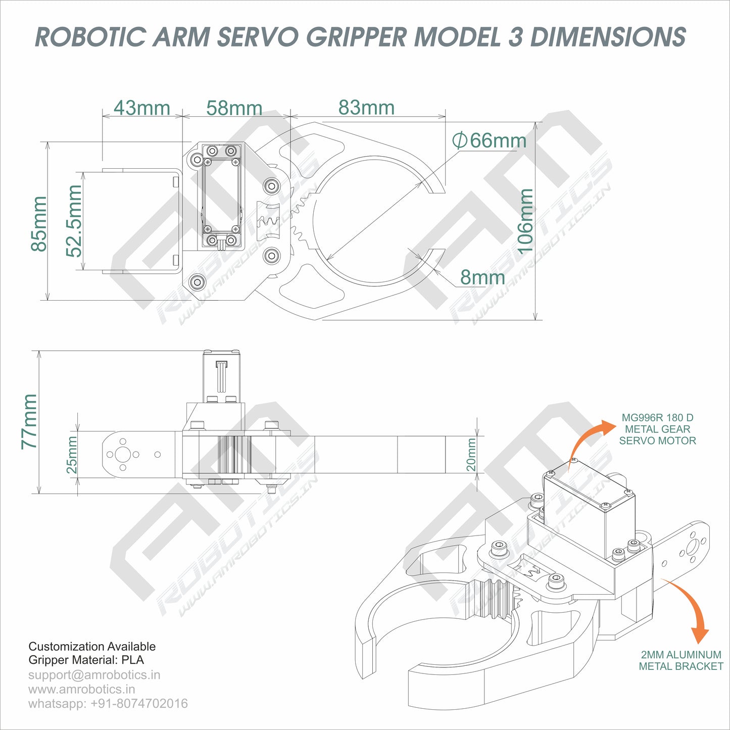 3D Printed Robotic Arm Gripper with MG996R Servo Motor Mount Model 3