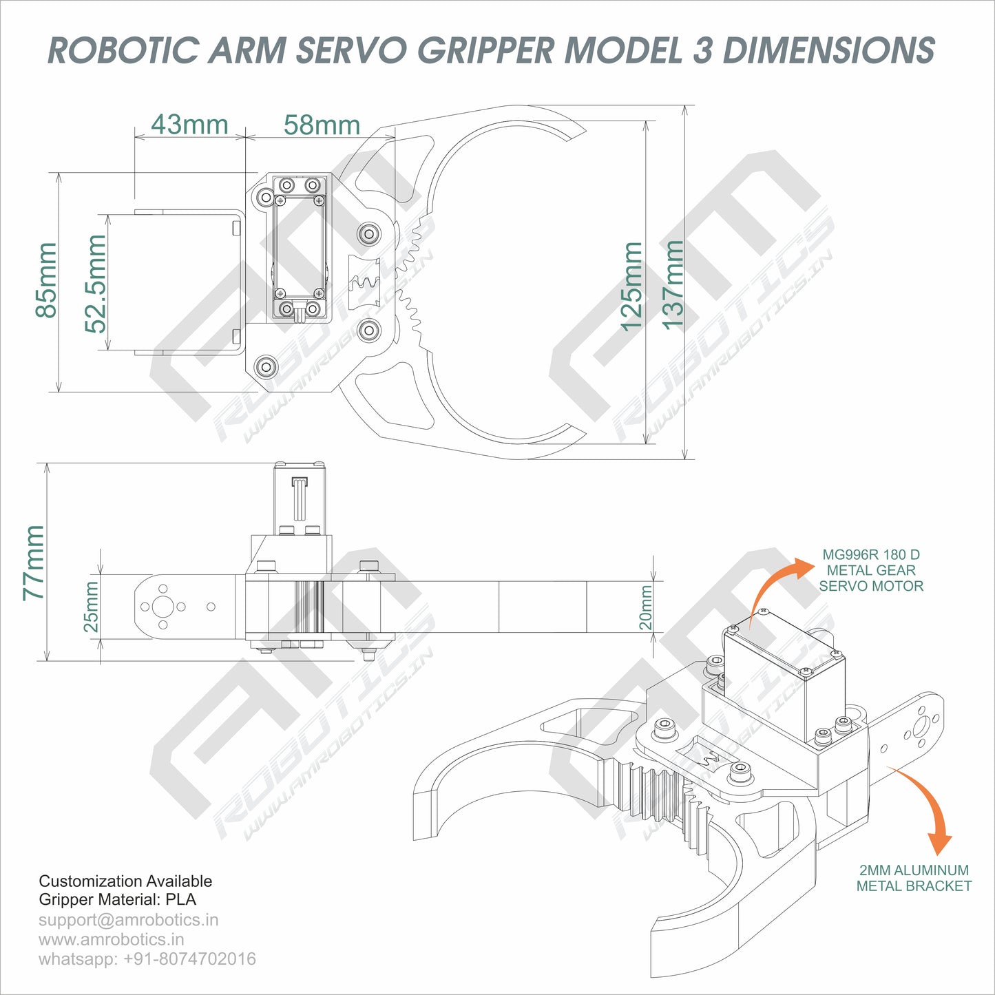 3D Printed Robotic Arm Gripper with MG996R Servo Motor Mount Model 3