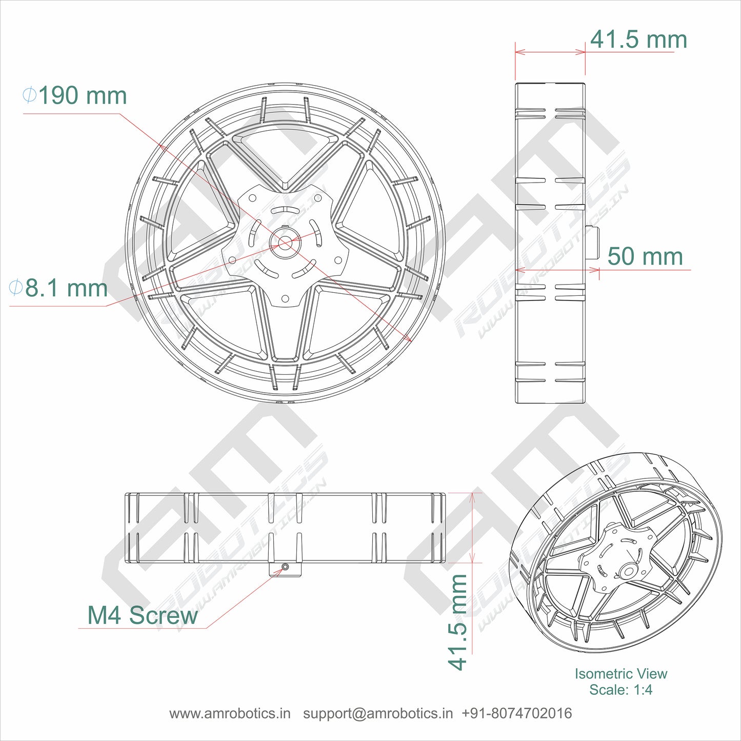 MODIFIED ROBO 190 MM DIAMETER 42 MM WIDTH HEAVU DUTY WHEEL FOR ATV/ROBOT SET OF 2