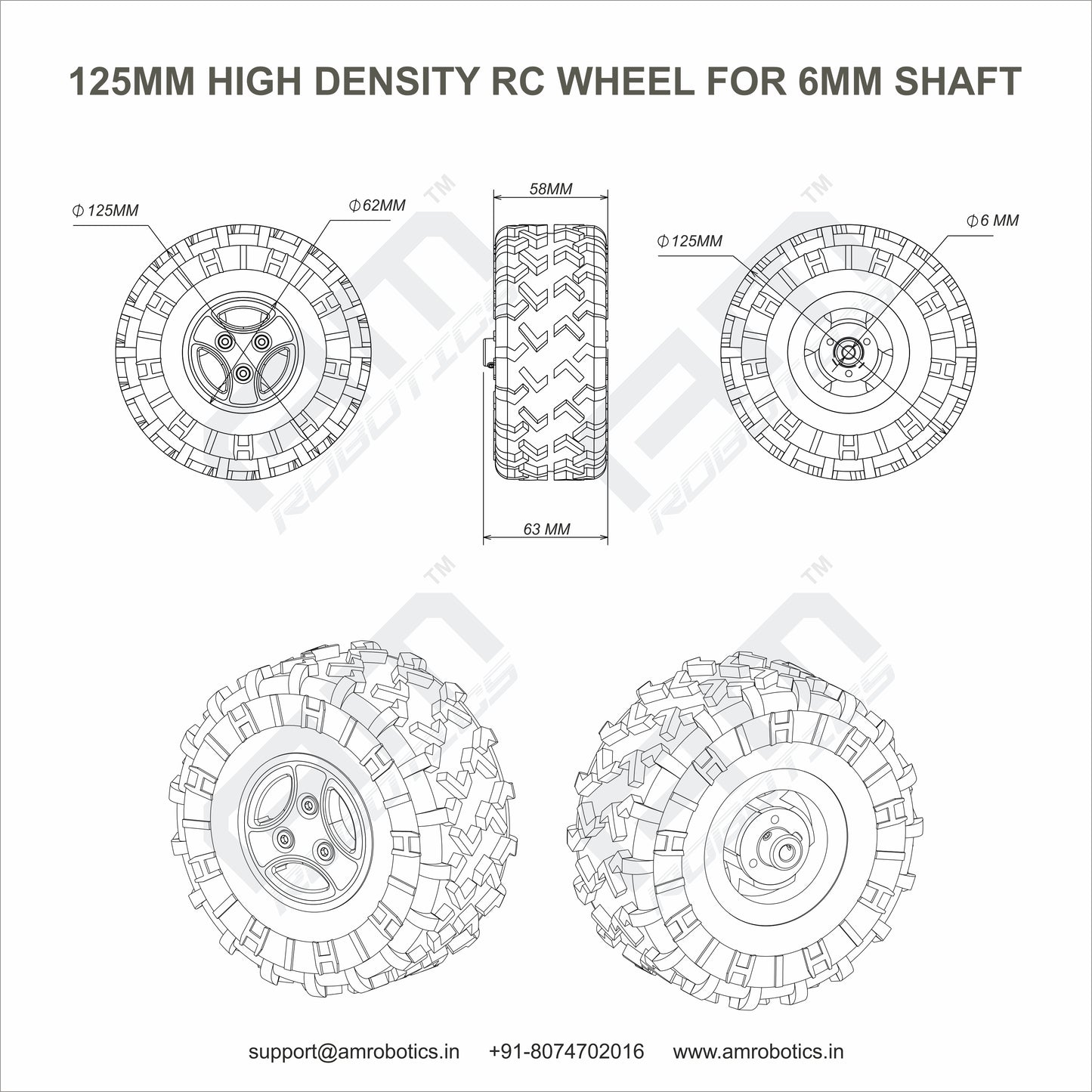 125mm Heavy Duty High Density RC Rubber Wheel With Flange for 6mm Shaft Motors