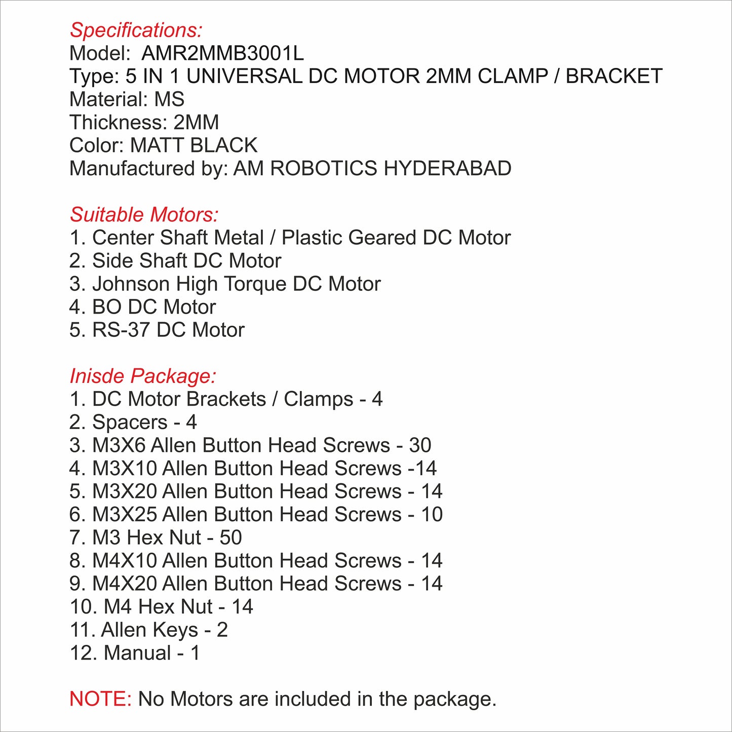 AM ROBOTICS UNIVERSAL DC MOTOR METAL 5 IN 1 CLAMP 2MM THICKNESS FOR JOHNSON MOTOR PACK OF 4 BRACKETS